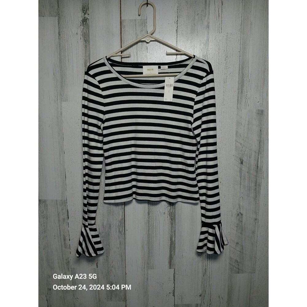 Anthropologie Maeve Flouncy Knit Top Size XS Black White Stripe Flared Cuff NEW